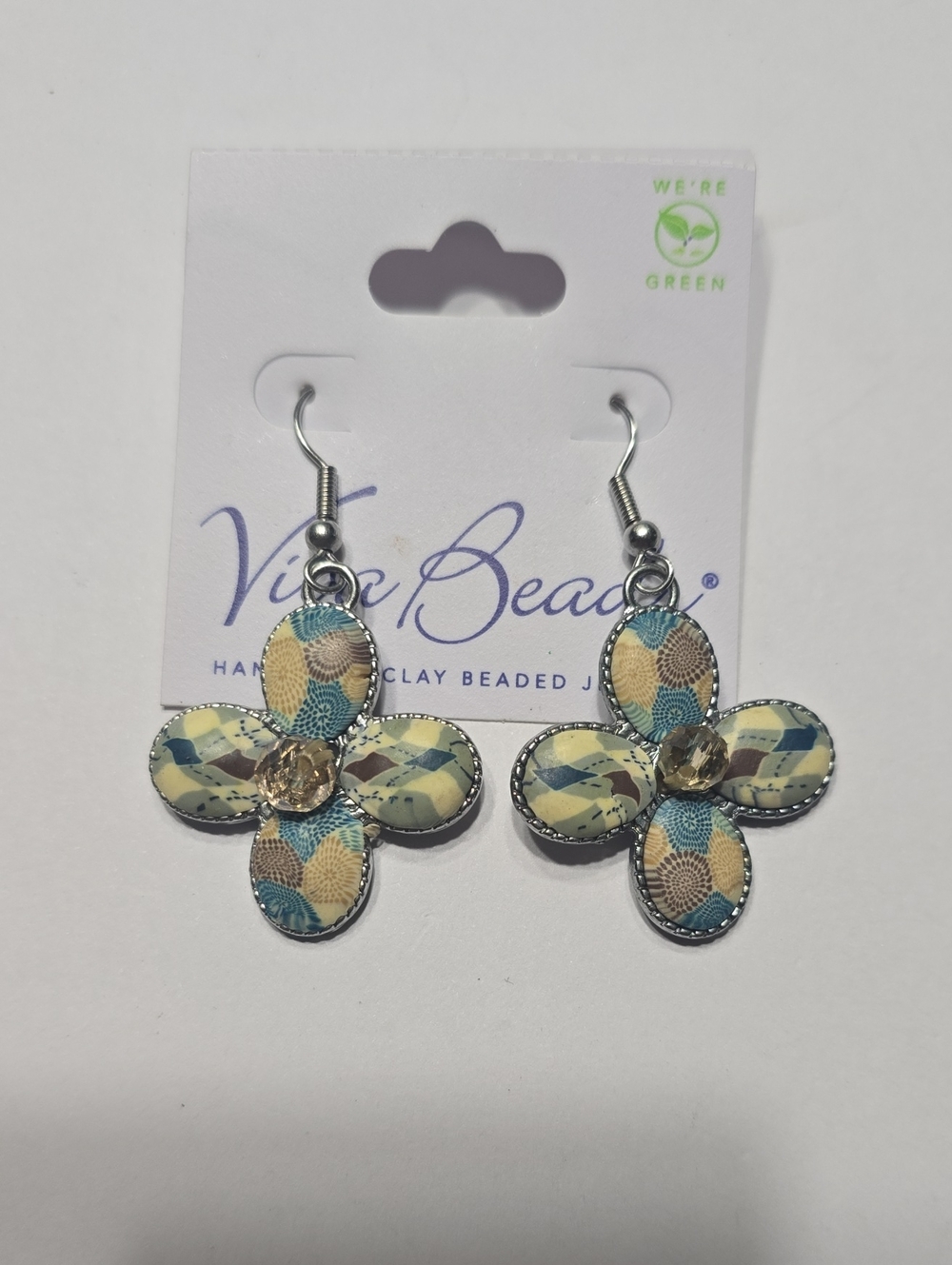 Floral Drop Earrings in Blue and Cream
